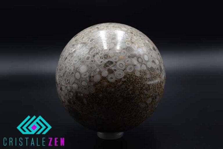 Piatra din Jasp Orbicular si Crinoidee, forma sfera slefuita de aprox. 9.7 cm.