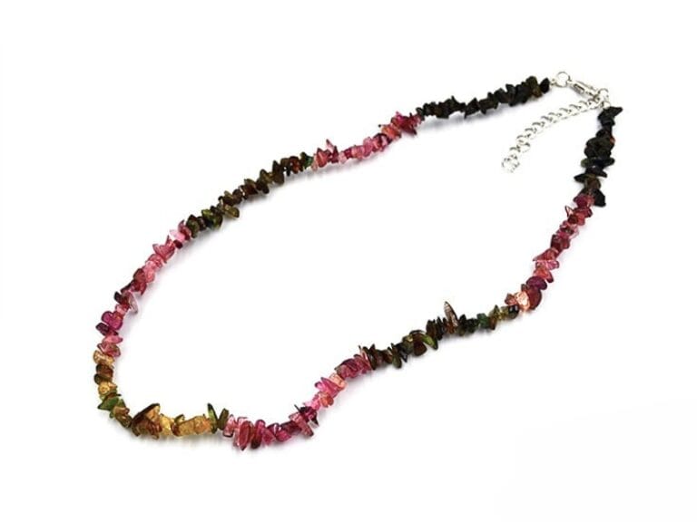 Colier din Turmalina Curcubeu (multicolora), forma bila spartura slefuita de aprox. 5-7 mm, insirat pe guta, lungime reglabila de la 39-49 cm.