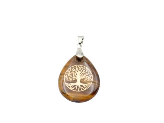 Pandant din Ochi de Tigru, forma cabochon lacrima de aprox. 3 x 2.5 cm cu simbolul Copacul Vietii din Alama si accesorii metalice (nu contin Nichel).