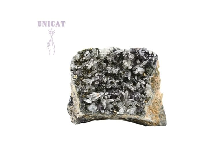 Cuart Laser cu Blenda in 2 forme de cristalizare si Pirita, forma de floare de mina de aprox. 6 x 5 x 2.5 cm.