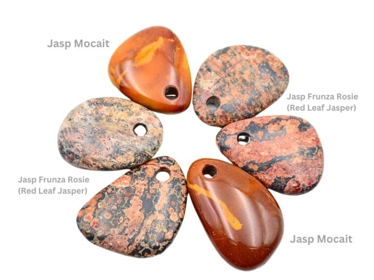 Pandant din Jasp Mocait si Jasp Frunza Rosie (Red Leaf Jasper) cu gaura larga pentru a se pune direct pe snur sau lant. Dimensiune gaura aprox. 5 mm.